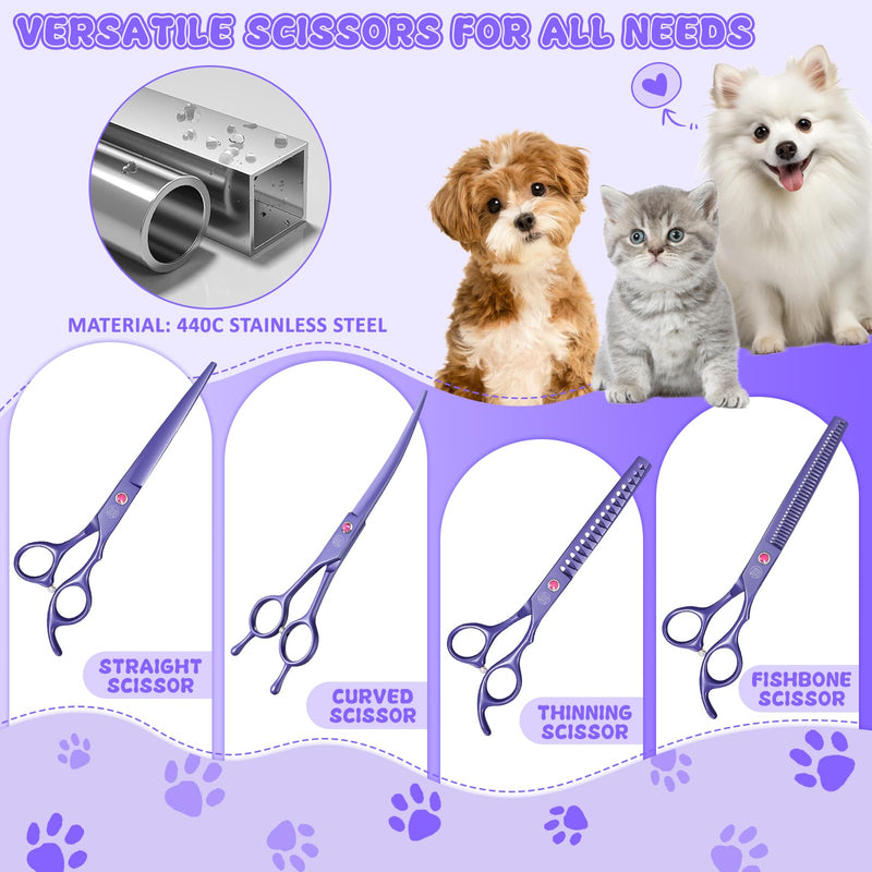 Moontay Dog Grooming Scissors Set Professional, 7 Inch Pet Grooming Scissors, 8 in 1 Straight, Curved, Thinning, Fishbone Scissors with Comb, Tension Adjuster, Cleaning Cloth and Storage Case, Purple