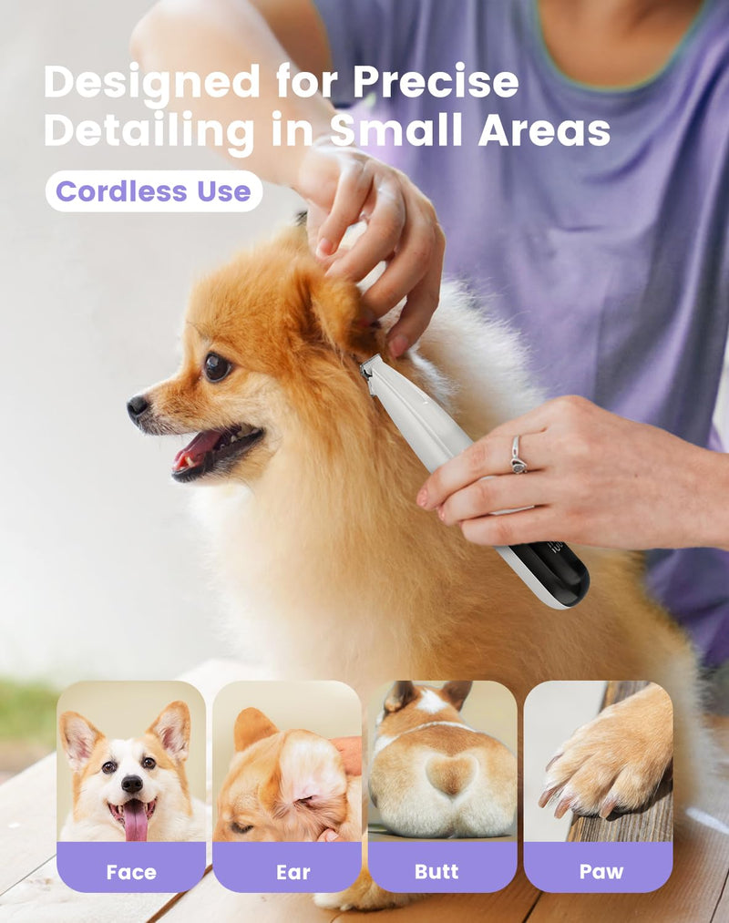 Dog Paw Trimmer with LED Light, 35dB Low Noise Paw Trimmers for Dog's Feet, 2 Speed Safety Electric Dog Clippers for Grooming, Rechargeable Cat Shaver for Paws, Ears, Face, Rump White - PawsPlanet Australia