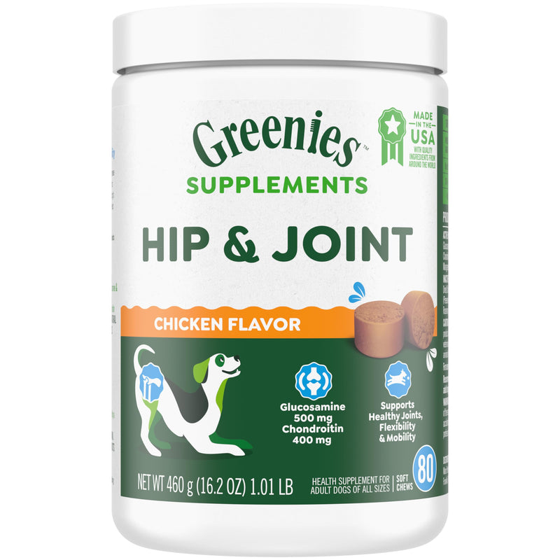 Greenies Supplements Hip and Joint Supplements for Dogs, Chicken Flavor, 80 Count Soft Chews Dog Joint Supplements, 16.2 oz. - PawsPlanet Australia