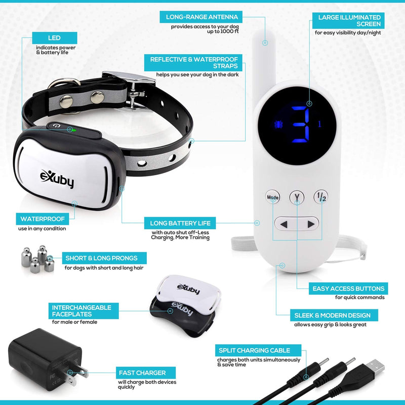 eXuby - Tiny Shock Collar for Small Dogs 5-15lbs - Smallest Collar on The Market - Sound, Vibration, & Shock - 9 Intensity Levels - Pocket-Size Remote - Long Battery Life - Water-Resistant - White