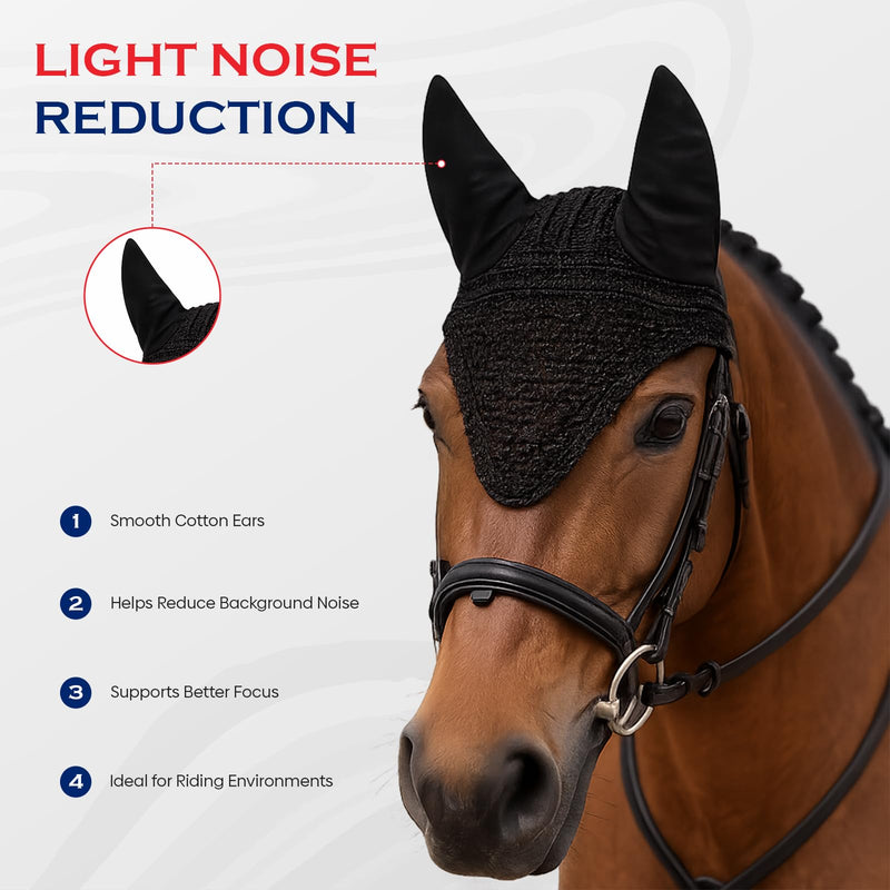 Equine Care Horse Fly Bonnet Full Size Black – Breathable Cotton Crochet Ear Bonnet, Fly Veil & Ear Net for Horses with Noise Reducing Cotton Ears for Dressage, Hunter Jumper & English Riding