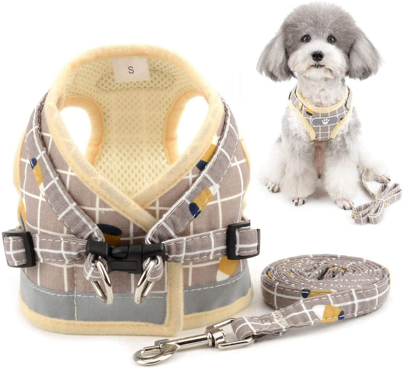No Pull Small Dog Harness and Leash Set, Soft Mesh Plaid Puppy Harness, Adjustable & Comfortable Padded Reflective Vest for Small Dogs and Pet Kitten Walking(Khaki, S 11.8” – 13.3”) Khaki S 11.8” – 13.3” - PawsPlanet Australia