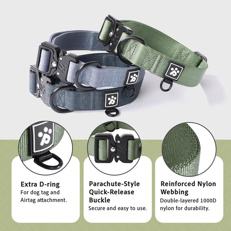 PawsPassion Reflective Dog Collars for Medium Dogs, Heavy Duty Tactical Dog Collar with Metal Buckle, Durable Pet Collar Quick Release, Reinforced Nylon No Pull Dog Collar (Evergreen, M) Evergreen - PawsPlanet Australia