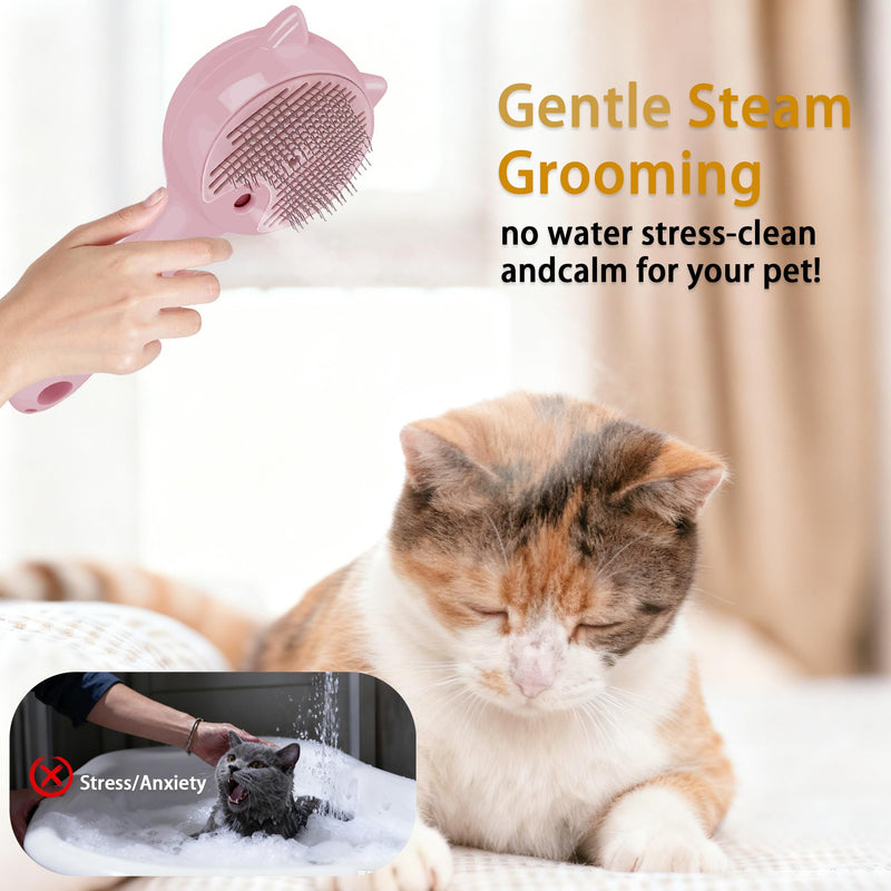 Pet Steam Brush for Cats & Dogs ，3-in-1 Pet Grooming Comb，Reduces Shedding, Soft Bristles, Promotes Healthy Coat-Comes - Includes Waterless Shampoo，Pink Pink - PawsPlanet Australia