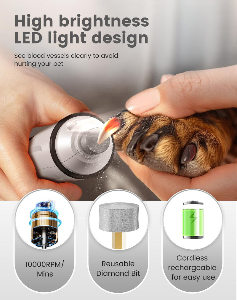2 in 1 Dog Nail Grinder Quiet and Dog Paw Trimmer, Powerful Painless Electric Dog Nail Trimmers for Large Medium Small Dogs, Rechargeable Cordless Dog Hair Clippers for Paws, Ears, Eyes, Rump White - PawsPlanet Australia