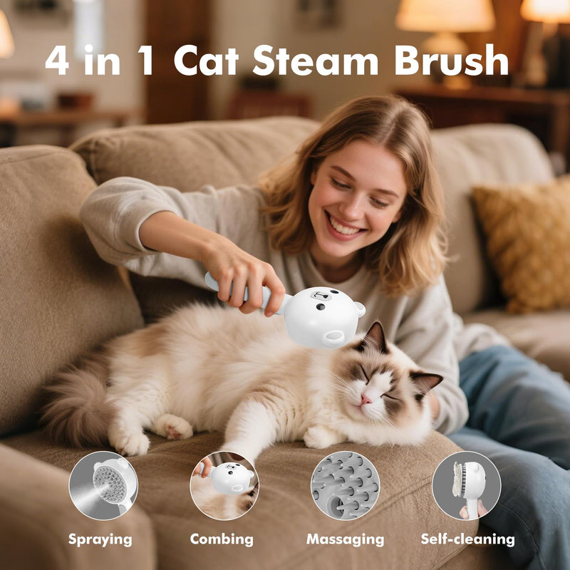 4 in 1 Pet Steam Brush for Cat & Dog, Cat Steam Brush for indoor Cats, Self Cleaning Shedding & Grooming Tool with Waterless Shampoo, Pet Spray Hair Removal Comb with Release Button & Water Tank - PawsPlanet Australia