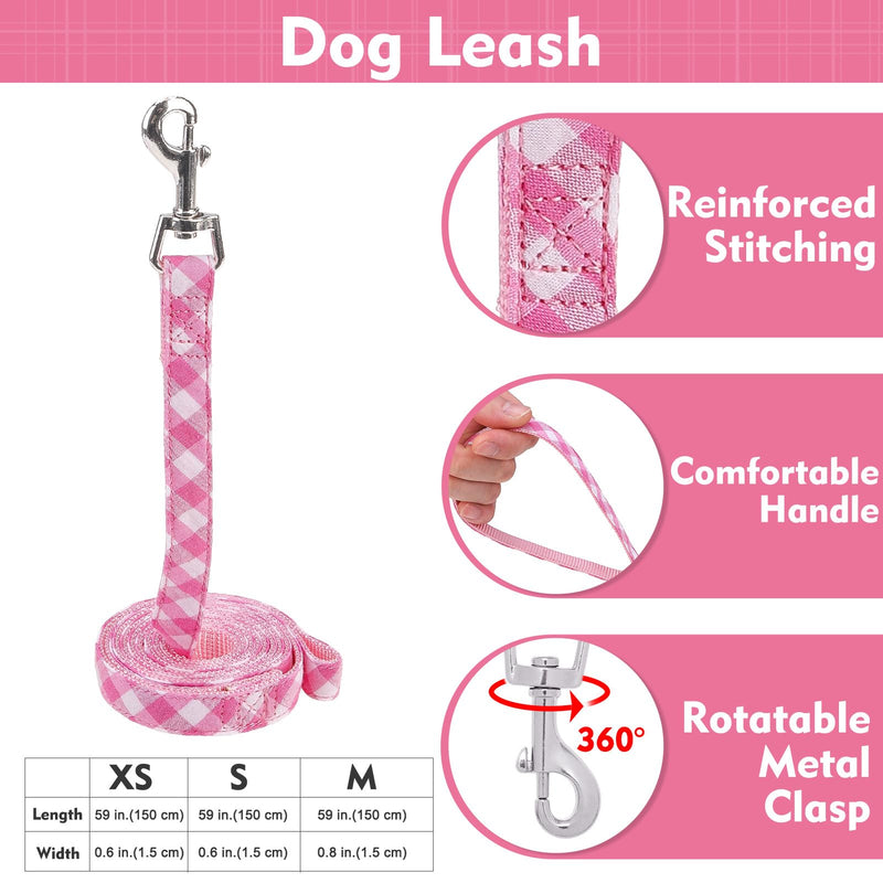 EXPAWLORER Cute Dog Harness Collar Leash Set - Pink Girl Dog Harness Checkered Step-in Design, Detachable Bow Pet Collar, Adjustable No-Choke Lightweight Mesh Vest for Cats Puppy Small Dogs, S Pink (with Collar) - PawsPlanet Australia