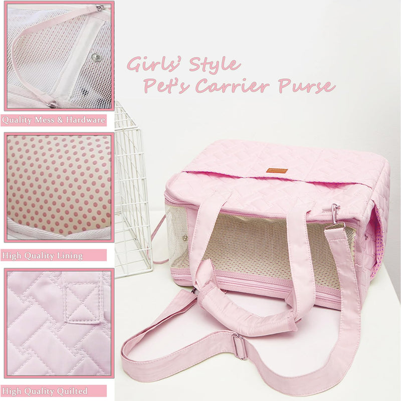 Small Puppy Purse Woman Bag,Cats/Puppy/Rabbits/BunnyCarrier Handbag with Multiple Pockets,Breathable Mesh Soft Cushion,Pets Travel Carriers Totes Picnic Outdoor 7-15lbs (Pink, Large) 16.0"L x 7.0"W x 12.0"H Pink1