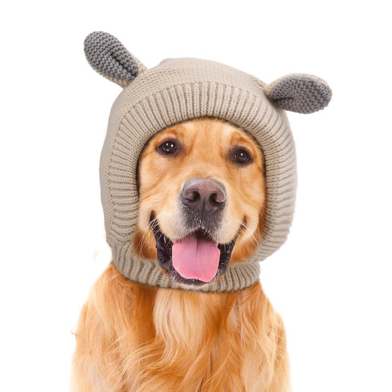 Tiiyee Quiet Ears for Dogs, Pet Ear Covers Hoodies Earmuffs Snood Noise Protection for 33-55lb Medium to Large Pets Knitted Fabric Hat Warm Winter Scarf Head Wrap Anti Anxiety Barking Headwear(Beige)