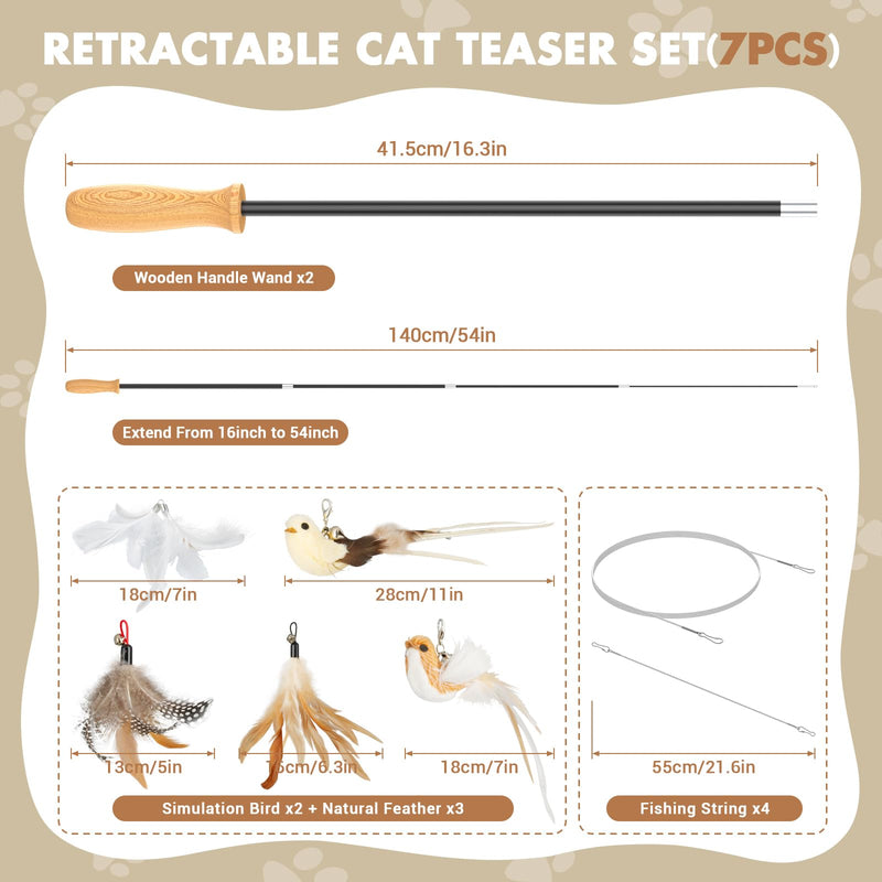 ROSAUI Cat teaser wand toys, interactive bird toys for indoor kittens, 54’’ extra long cat fishing pole toys, 2pcs wires and 5pcs natural refills, sustainable wooden handles, exercising, playing