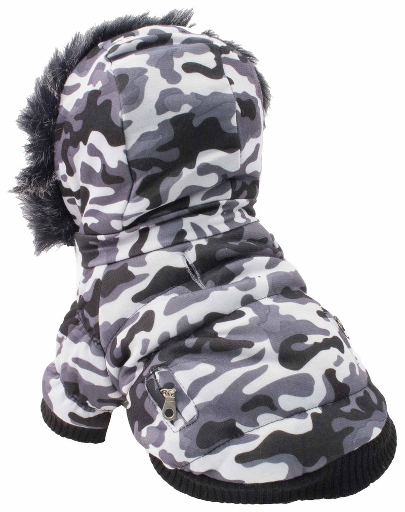 PET LIFE Classic Metallic Fashion Pet Dog Coat Jacket Parka w/ 3M Insulation and Removable Hood, Large, Deer Pattern Camo Grey - PawsPlanet Australia