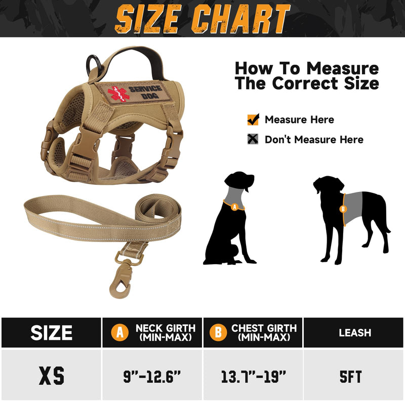 Tactical Dog Harness for Small Dogs, Military Puppy Vest Harness and Leash for Outdoor Training, Adjustable Service Dog Vest with Handle, 3 Patches XS Khaki - PawsPlanet Australia