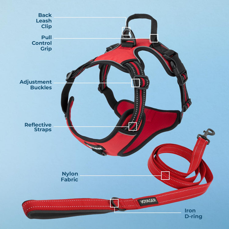 Voyager Dog Harness Dual Leash Attachment No-Pull Control Adjustable Soft but Strong Pet Harness for Medium and Large Dogs with 3M Reflective Technology, Leash Set Red Nylon, L (Chest: 25-30") L (Chest: 25 - 30") - PawsPlanet Australia