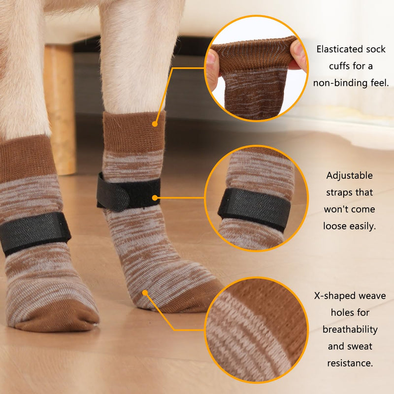 Dog Socks 12 Pack to Prevent Licking Paws, Anti Slip Dog Booties and Paw Protectors for Hardwood Floors Hot Pavement, Suitable for Small Medium Large Senior Dogs - Size Medium,Brown
