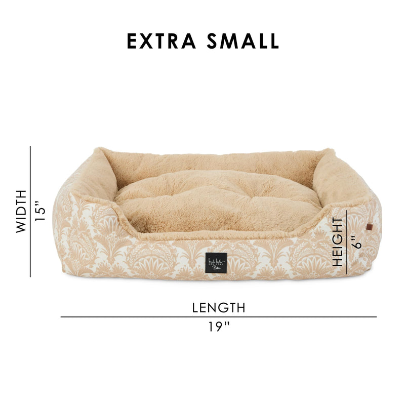 Nicole Miller New York PET Mod Damask Plushy Bolster Pet Bed, Cozy & Calming, Non-Slip Bottom, Machine Washable Cover, Taupe, Extra Small 19"x15"x6" 18.5"L x 14.6"W x 6.3"Th - PawsPlanet Australia