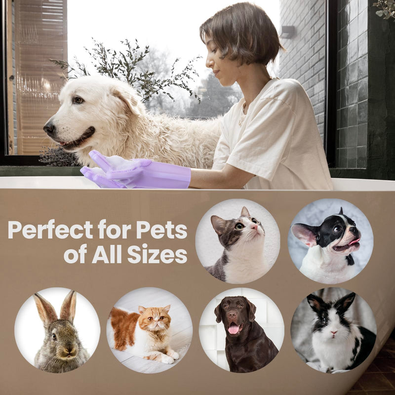 DELOMO Dog Washing Gloves 1 Pair: Soft and Gentle Silicone Pet Grooming Gloves - Bathing Scrubber Brush Mitt Grooming Shedding Fur Removal Massage for Dogs/Cats/Horse, Purple Medium - PawsPlanet Australia
