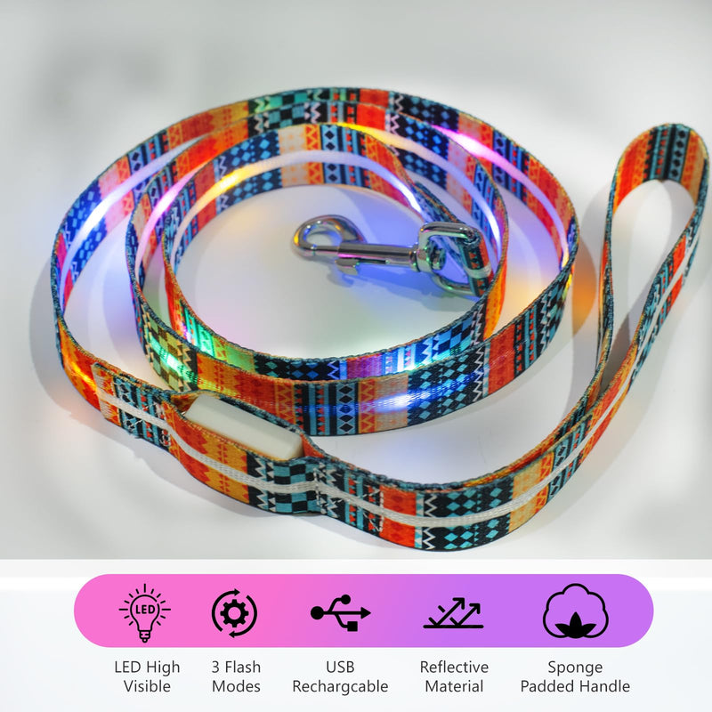 Light Up LED Dog Leash+LED Dog Collar Set USBRechargeable Waterproof,Colorful 3 Lighting Modes 5 Ft Glow Pet Leash for Small Medium Large Dogs Walking at Night(Bohemian Orange) Bohemian Orange 1.5m Leash+10-25in Collar Can be Crop - PawsPlanet Australia