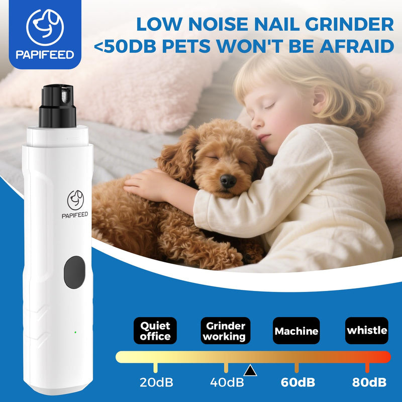PAPIFFEED Dog Nail Grinder Upgraded with 2 LED Lights, 3-Speed Rechargeable & Quiet - Upgraded Electric Pet Nail Trimmer for Small Medium Large Dogs & Cats, Painless Paws Grooming Tool - White White single nail grinder - PawsPlanet Australia