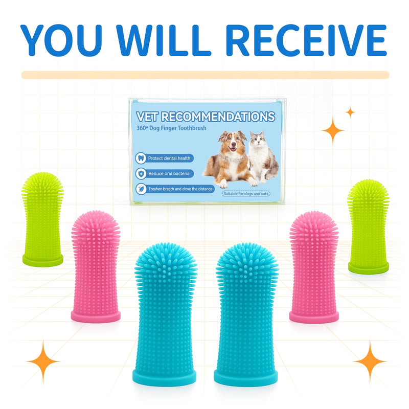 Aujzoo Dog Toothbrush Set (6 Packs), 360º Pets Teeth Cleaning Toothbrush for Dogs Cats Teeth Cleaning,Silicone Finger Teeth Brush Multicolor