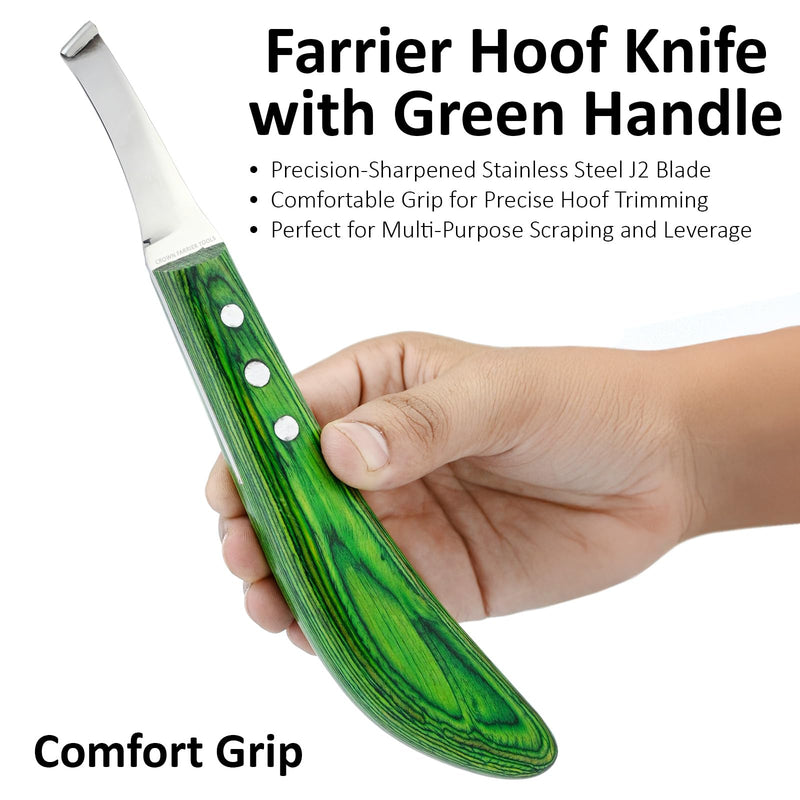 – Super Sharp Hoof Knife | Stainless Steel Blade with Wooden Handle | Professional Farrier Hoof Trimming Tool for Horses & Equine Hoof Care (Green Right-Hand) Green Right-Hand
