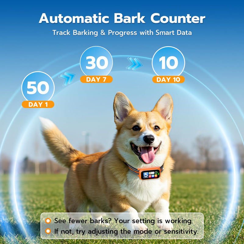 Bark Collar for Small Medium Large Dogs 8-100lbs | Upgraded Smart AI Anti Barking Collar w/AirTag Holder, 5 Modes (Beep/Vib/Safe Shock), Adjustable Sensitivity, Bark Counter, Rechargeable Waterproof Orange