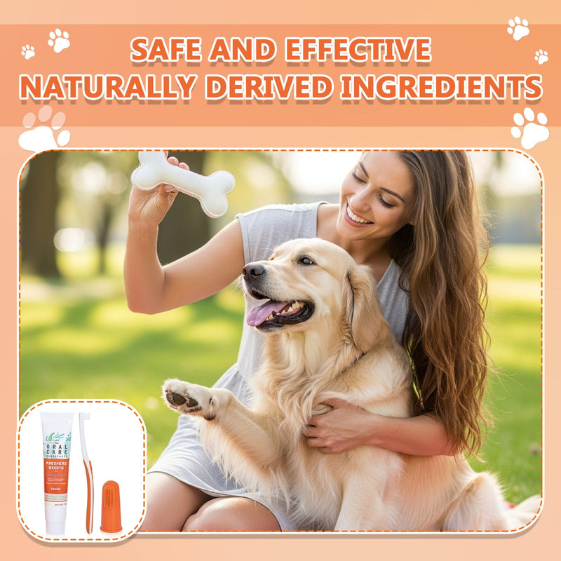 Dog dental care set, dog toothpaste, cleans teeth and removes plaque, prevents bad breath in dogs, suitable for dogs and cats, vanilla flavor, beef flavor