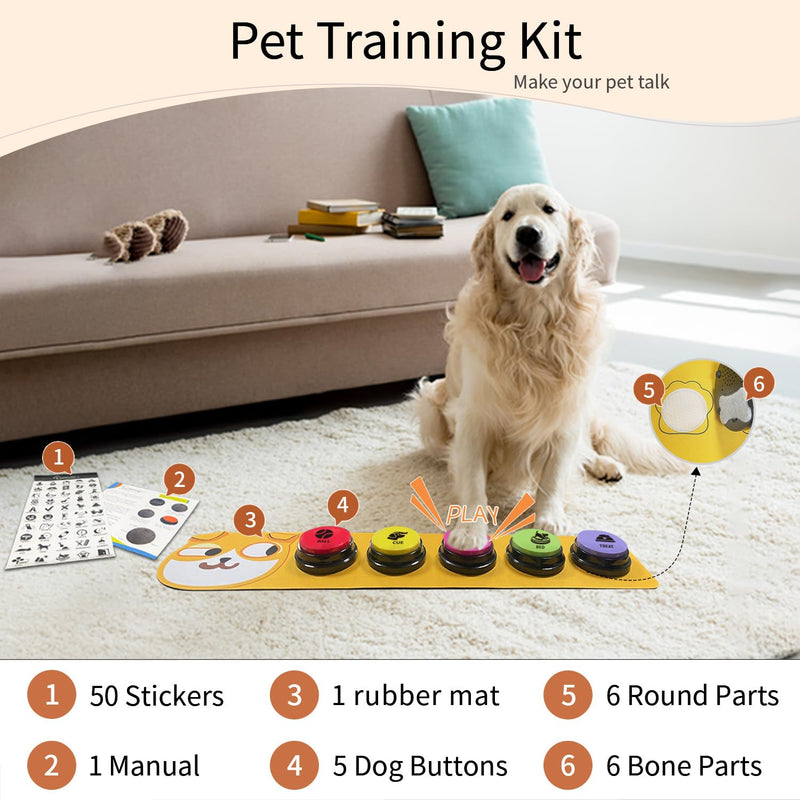 RIBOSY Dog Buttons for Communication, 5 Pcs Dog Speech Training Buzzers with Non-Slip Rubber Pad and 50 Stickers, 30 Seconds Voice Recording Button for Pet to Voice What They Want - PawsPlanet Australia