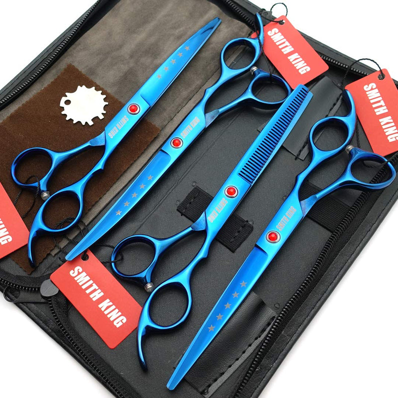 7.0 inches Professional Dog Grooming Scissors Set Straight & thinning & Curved 4pcs in 1 Set (Blue)