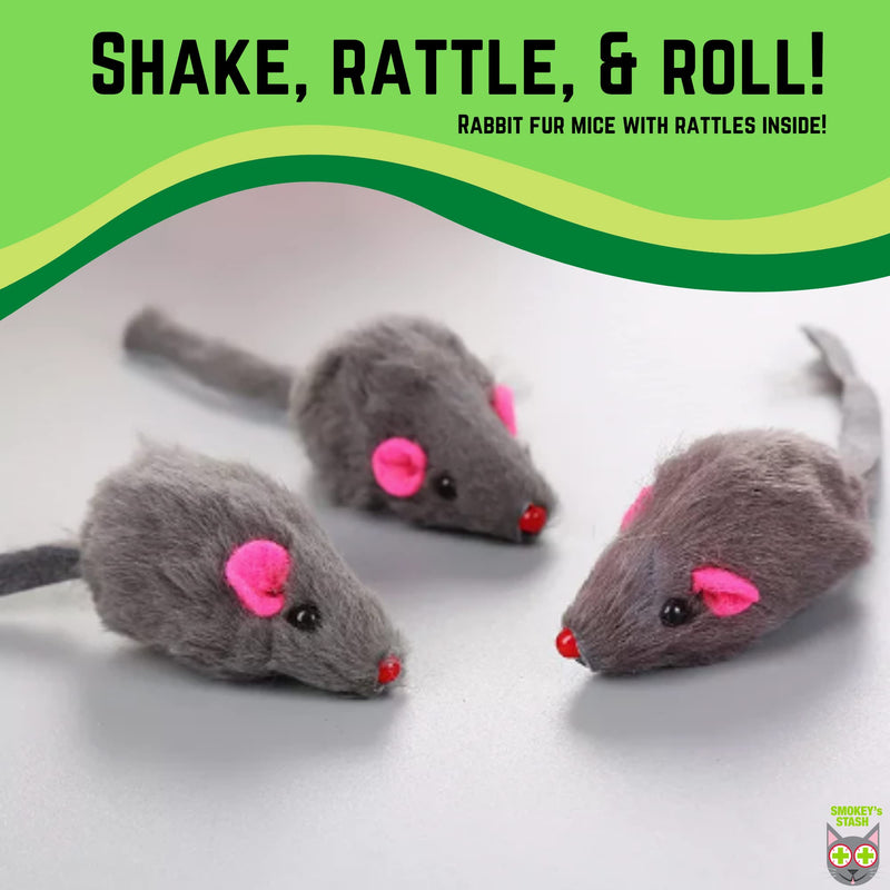 Smokey's Stash Rabbit Fur Mouse Cat Toy 12 per Pack White and Gray Fuzzy Toys for Cats with Rattle Realistic Fake mice (12) - PawsPlanet Australia
