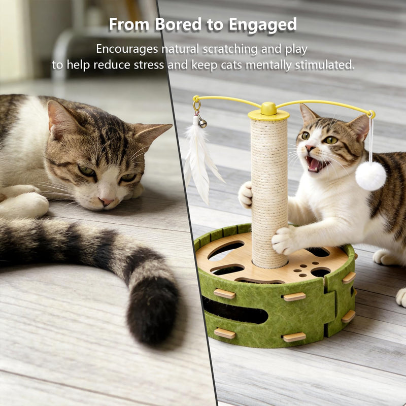 Cat Nail File Enrichment Box with Scratching Post, Sandpaper Scratcher Base, Interactive Cat Scratch Puzzle Box with Rotating Teaser & Bell Balls for Indoor Cats