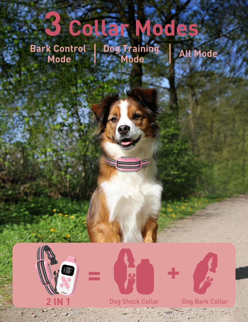 2-in-1 Bark and Shock Collar for Dogs, Smart Anti Barking Dog Training Collar with 5 Adjustable Sensitivity, Automatic Bark Collar with Remote, Vibration, Beep, Shock and Automatic (Pink) Pink & White