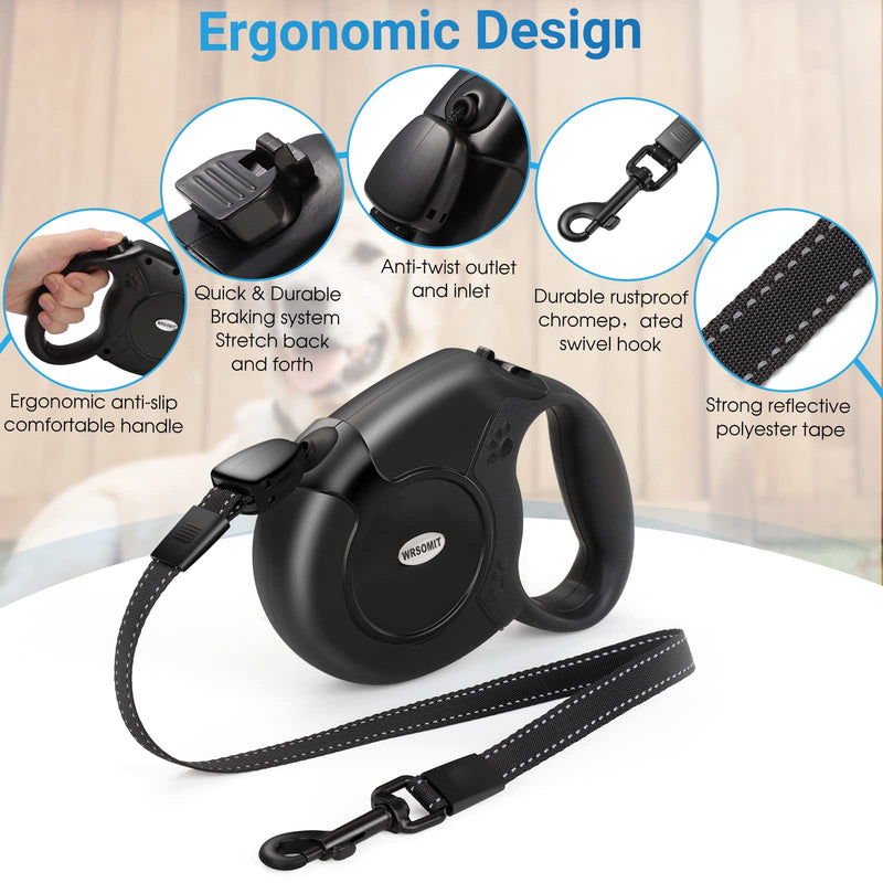 Retractable Dog Leash, 26 Ft Heavy Duty Pet Walking Leash for Small Medium Large Dogs up to 110lbs, Anti-Slip Handle, 360 ° No Tangle, Nylon Tape, One-Handed Brake Black - PawsPlanet Australia