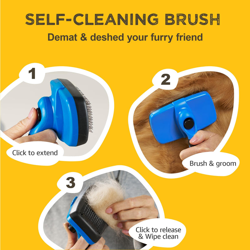 Deshedding Dog Brush for Shedding – Self Clean Cat Brush Deshedding & Grooming Tool for Long Haired and Short Haired Dogs, Slicker Brushes for Dogs, Skin-Friendly, Retractable Bristles, Easy to Clean Blue - PawsPlanet Australia