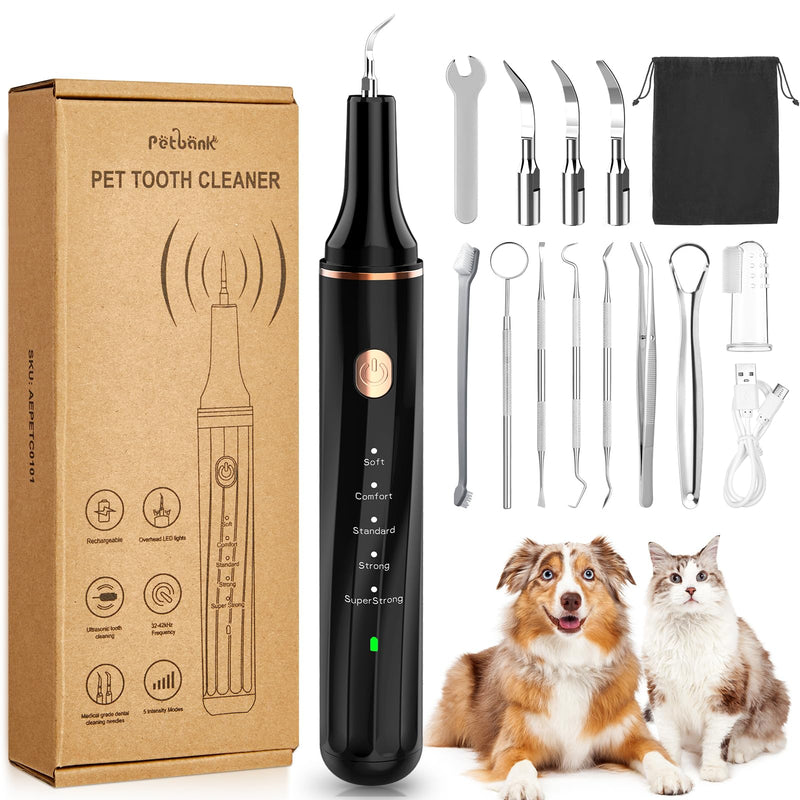 Dog Teeth Cleaning Kit 12-in-1, Pet Ultrasonic Canine Plaque Remover for Teeth with LED Light, 5 Cleaning Mode, USB Charge Dog Toothbrush Tool with Dental Tools Scaler Scraper Black - PawsPlanet Australia