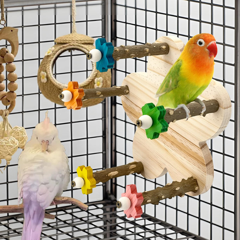 Parakeet Toys, Natural Wood Perch with 5 Branches, Unique Durable Avian Cage Accessories for Parakeets, Cockatiels, Budgerigars, Conures, Lovebirds