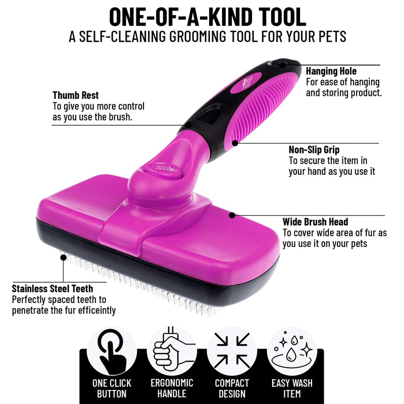 Self Cleaning Slicker Brush for Cat and Dog Coat - Detangler Dog Brush for Shedding & Grooming - Super Easy to Clean Deshedding Grooming Tool Removes Loose Pet Hair, Mats and Tangles (Pink) Pink