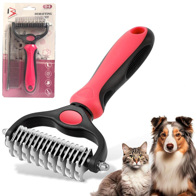 Pet Dematting Comb, Double-Sided Grooming Rake for Dogs and Cats, Deshedding Tool for Removing Knots and Tangles (Pink, L) Pink