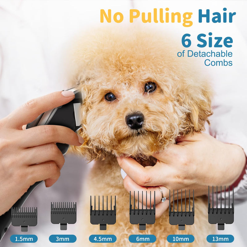 Dog Clippers Professional for Thick Hair, Low Noise Dogs Grooming Kit with Stainless Steel Blade, Cordless Grooming Clippers Dog Shaver Trimmer with 6 Guide Combs for Pets and Animals 7000 rpm