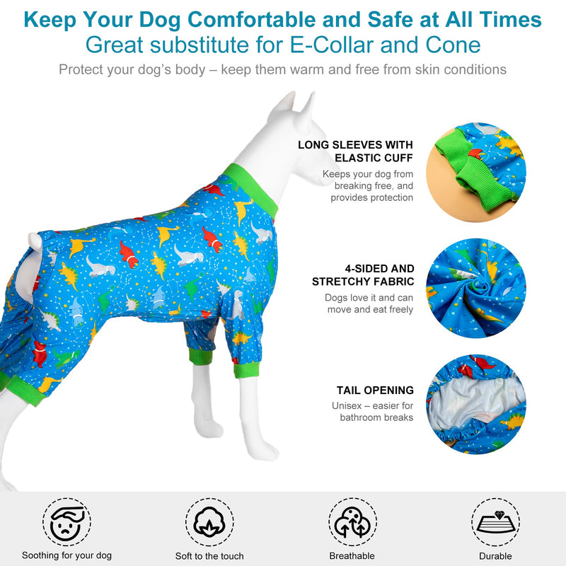 LovinPet Dog Post Surgery Onesie - Large Dog Pjs, Lightweight Stretchy Fabric, Blue Dinosaur Print, Sun Protection, Pitbull Clothes, Pet Anxiety Relief Shirt, Pet Pajamas for Dogs, Green Blue XL X-Large Blue Green - PawsPlanet Australia