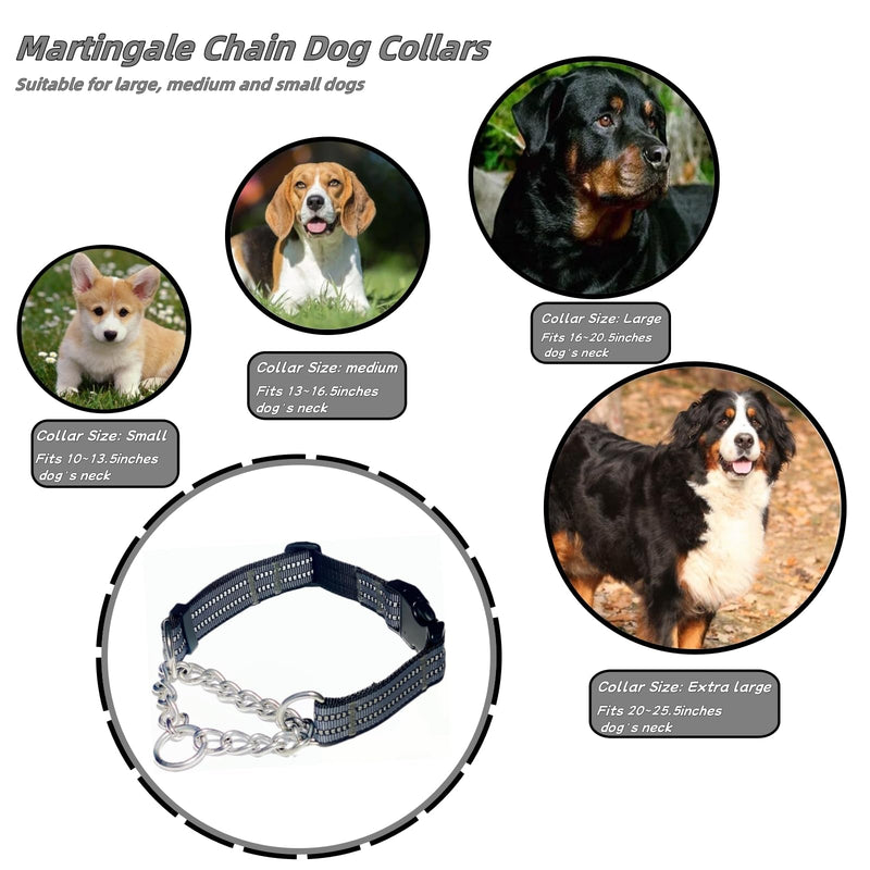 Martingale Dog Collars, Reflective Nylon Collar with Stainless Steel Chain, Adjustable Walking Training Dog Collars with Quick Release Buckle, Suitable for Small Medium Large Dogs(Gray,XL) Extra Large-(dog's neck 20~25.5inches) Gray - PawsPlanet Australia