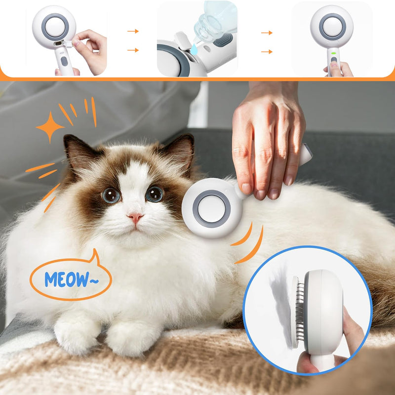 Cat Steam Brush, 3 in 1 Comb for Shedding, One-Click Hair Removal Brush with Steam, 2025 New Spray Pet Grooming Brushes for Dogs and Cats, Self Cleaning, IPX7 Waterproof (White) White