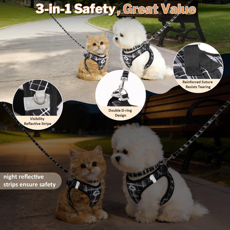 Gyuzh Small Dog Harness and Leash Set, 3-in-1 Step in No Pull Harness Vest Collar for Small Dogs & Cats, Lightweight Breathable Mesh Reflective Plaid with Padded Handle (Black, L) Black - PawsPlanet Australia