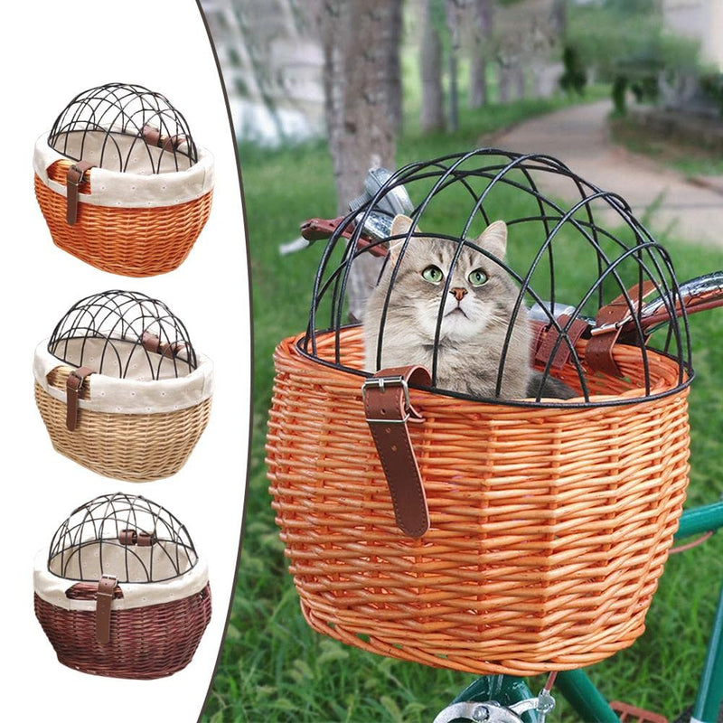 Wicker Bike Basket for Small Dogs Cats Pet Carrier Front Basket with Wire Mesh Cover (Honey Color) Honey color - PawsPlanet Australia