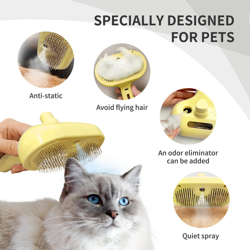 Spray Cat Brush for Shedding, 3 in 1 Self Cleaning Dog Brush Remove Static Flying Hair for Long and Short Hair Dogs and Cats to Remove Tangled and Loose Hair (Yellow) - PawsPlanet Australia