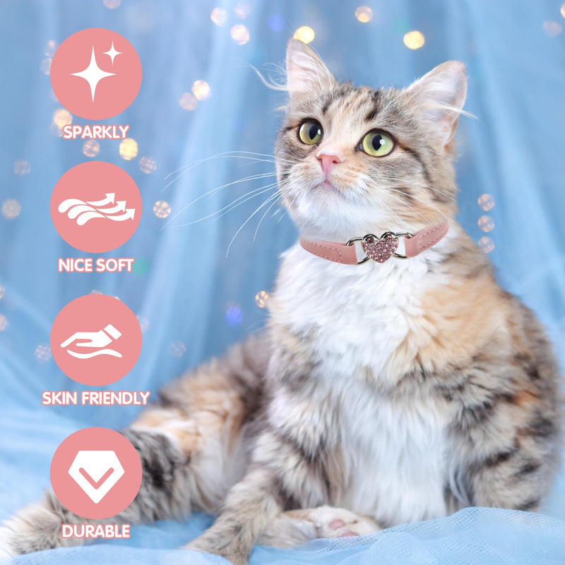 BINGPET Diamond Cat Collar,Adjustable Soft Velvet Leather Safe Kitten Collar with Crystal Heart Charm and Bells,Girl Boy Bling Stylish Cat Collars with Safety Elastic (Pink, Neck Girth 8"-10") Neck Girth 8"-10" Pink