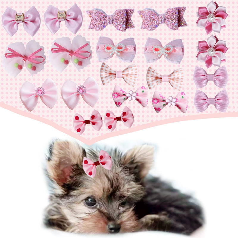 20pcs Light Pink Small Puppy Dog Hair Bows with Rubber Bands, Flower Ball Bowknot Rhinestone Pearls Hair Ties Mix Style for Dog Hair Accessories - PawsPlanet Australia