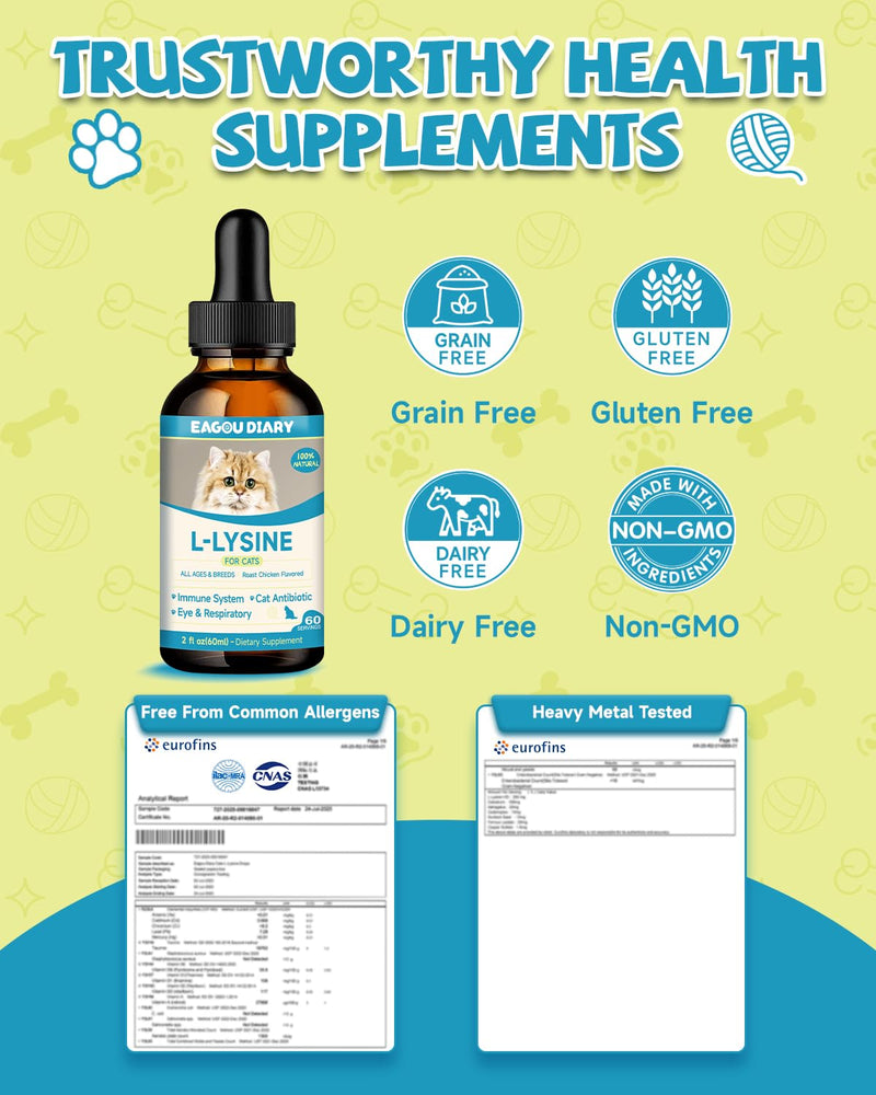 L-Lysine for Cats,Lysine Drops Immune Support Supplement,Sneezing,Cold,Allergy Relief,Runny Nose,Feline Respiratory,Natural Antibiotics for Cats with Colostrum,Taurine Cat(Roast Chicken Flavor/2floz)