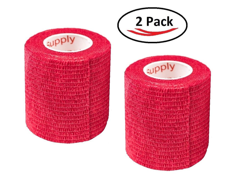 Vet Wrap Tape (Red) (2 Pack) (2 Inch x 15 feet) Self Adhesive Adherent Adhering Cohesive Flex Self Stick Bandage Grip Roll Dog Cat Pet Horse 2 Rolls Red