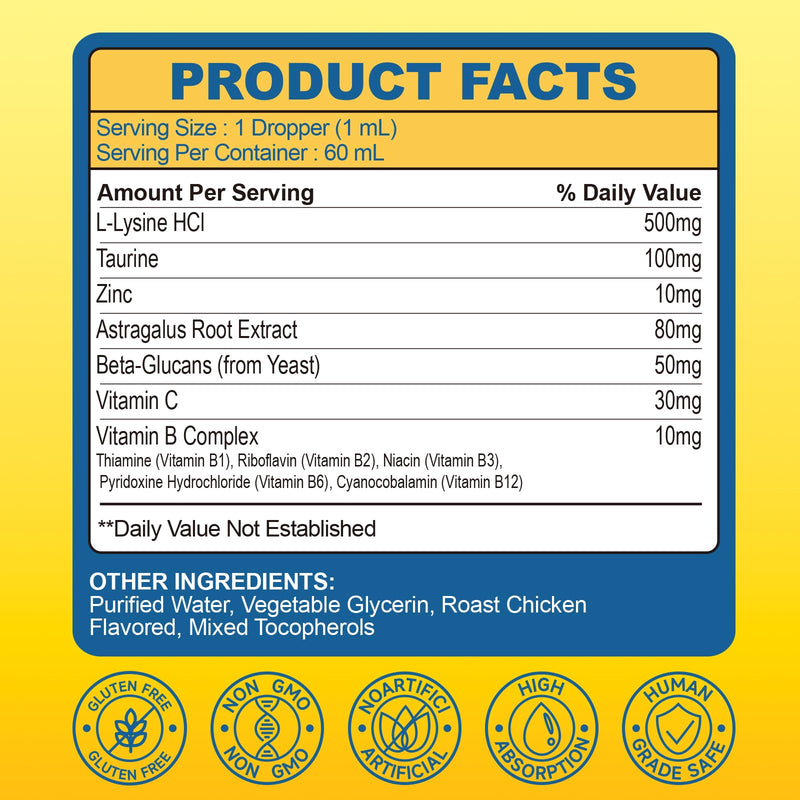 L-Lysine Supplement for Cats Immune Support, Cats Lysine Drops for Feline Respiratory, Sneezing, Runny Nose, Eye Function, Natural Strengthen Defenses-Natural Chicken Flavor, 2FL oz