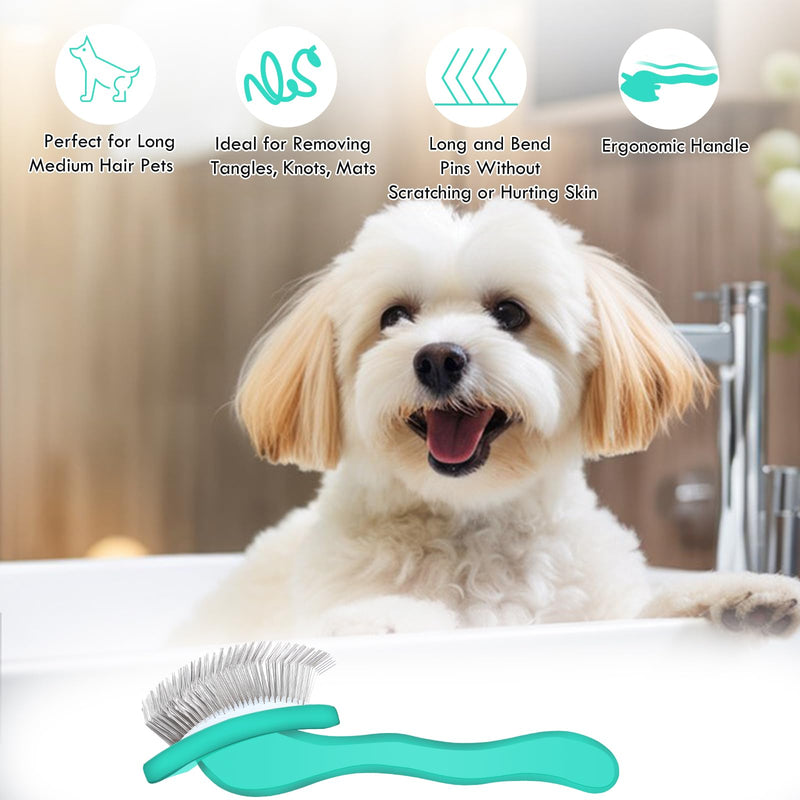 Dog Slicker Brush for Medium or Long Haired Dogs, Long Pin Slicker Brush for Removes Loose Hair, Tangles and Knots, Best Grooming Tools for Small Animals, Large, Free Pet Comb, Green - PawsPlanet Australia